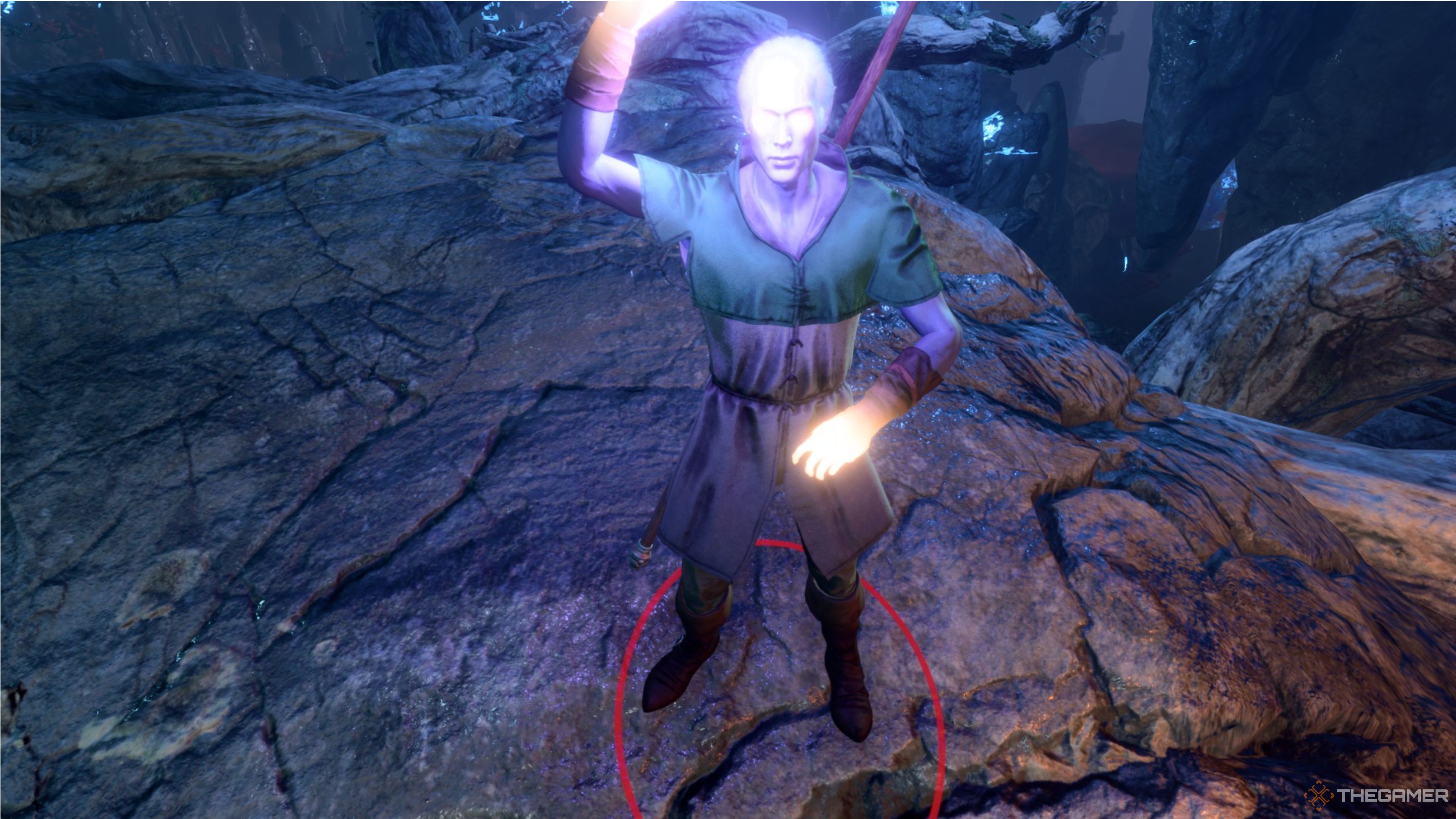 El drow Filro con manos y ojos brillantes en Baldur's Gate 3.