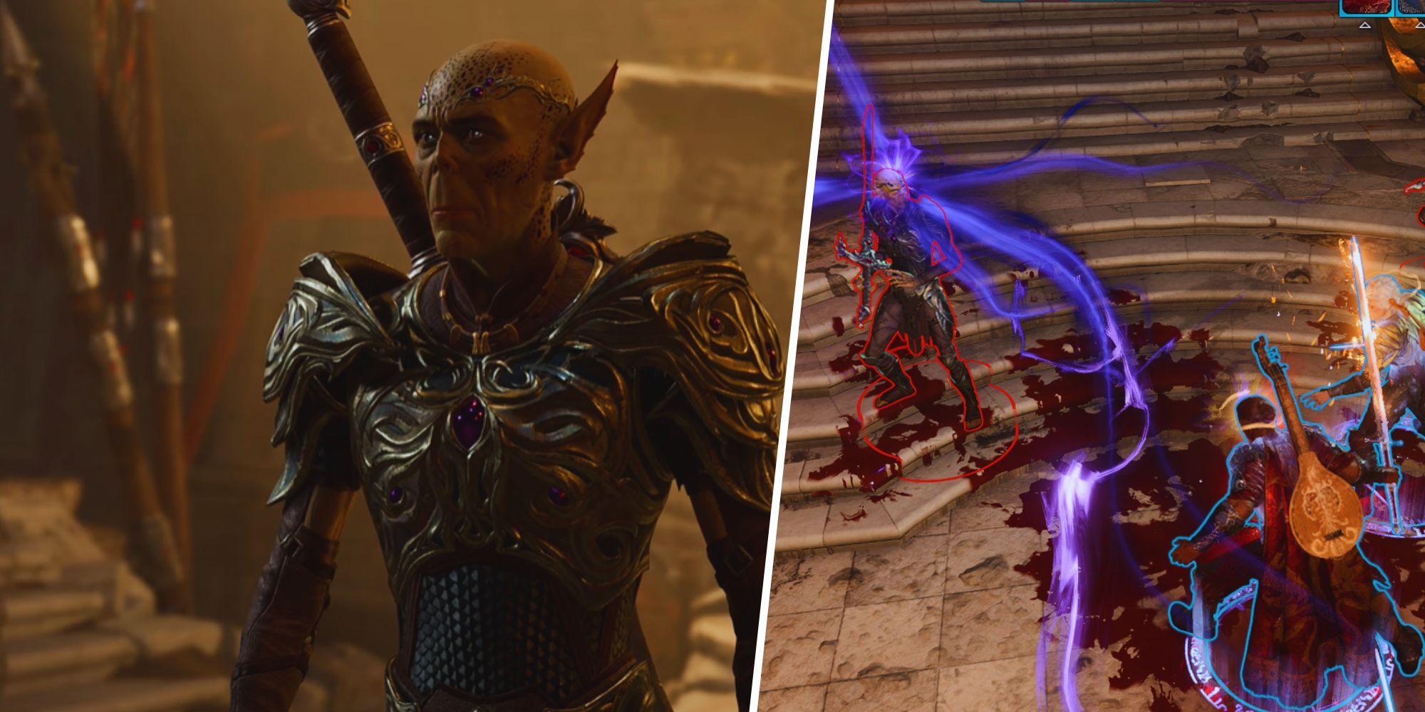 Baldur's Gate 3 - Imagen dividida, Githyanki Inquisitor, PC bárbaro luchando contra Githyanki