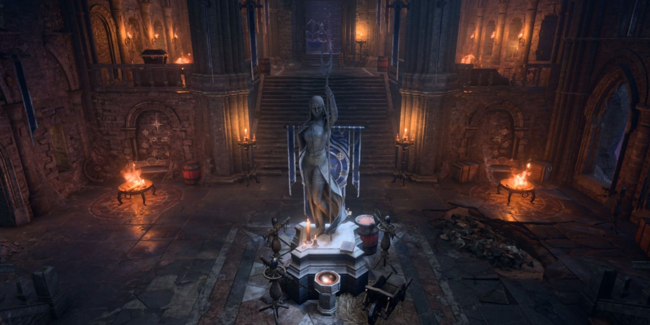 Estatua de Selûne rodeada de braseros brillantes en Baldur's Gate 3.