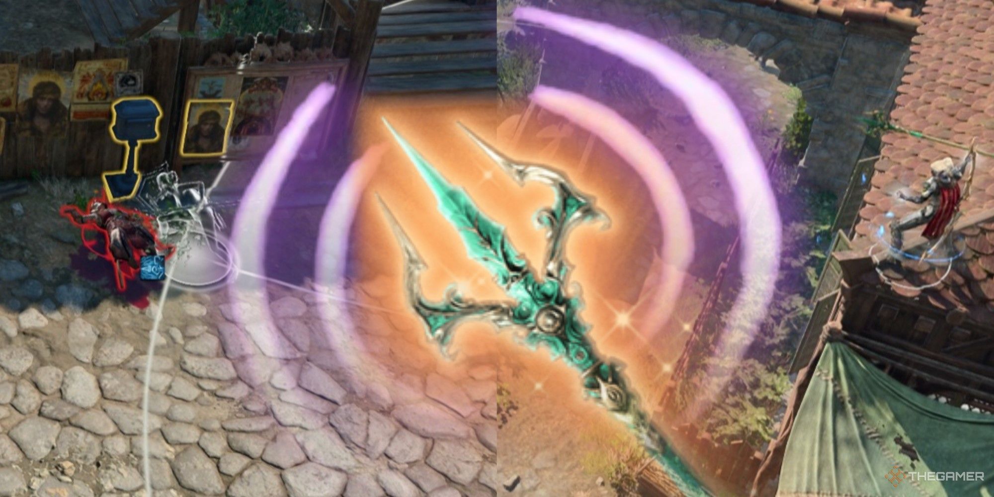 Imagen de Nyrulna rodeada por el ícono de daño de Thunderwave.  Minthara usa el arma en combate en segundo plano en ambos lados en Baldur's Gate 3.