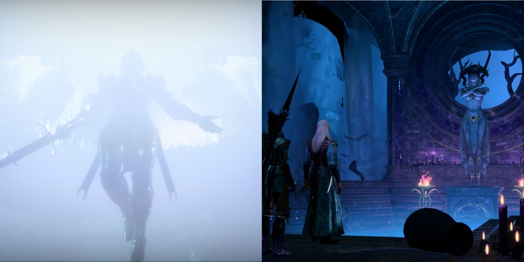 Imagen dividida de Nightsong transformándose y el personaje del jugador entrando al Guantelete de Shar-Baldur's Gate 3