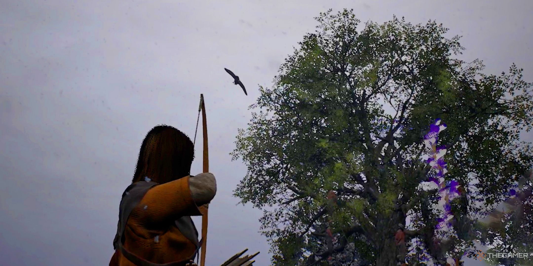 un jugador disparando a un cuervo para conseguir plumas en bellwright