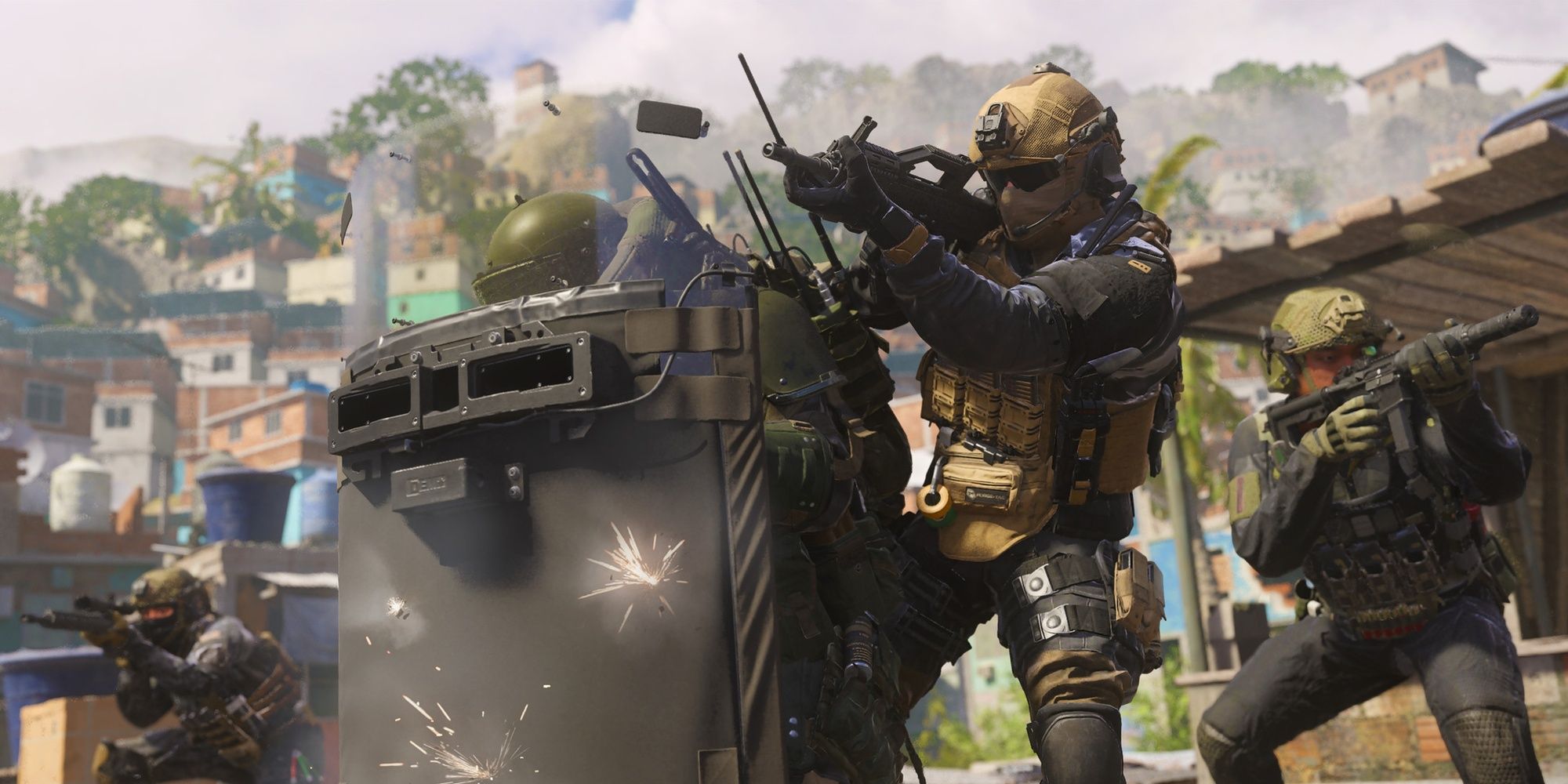 Soldado de Modern Warfare 3 disparando detrás del escudo antidisturbios