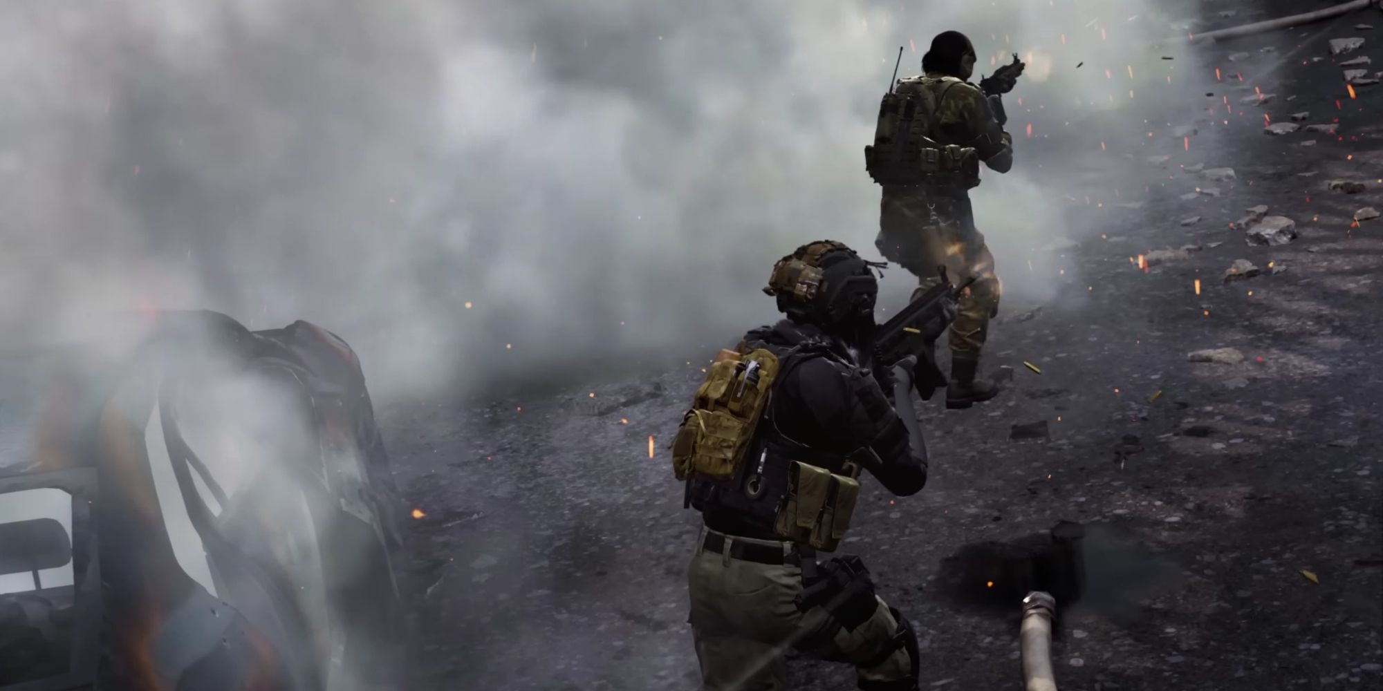Una captura de pantalla de dos jugadores disparando en la misma dirección en COD Warzone 2.