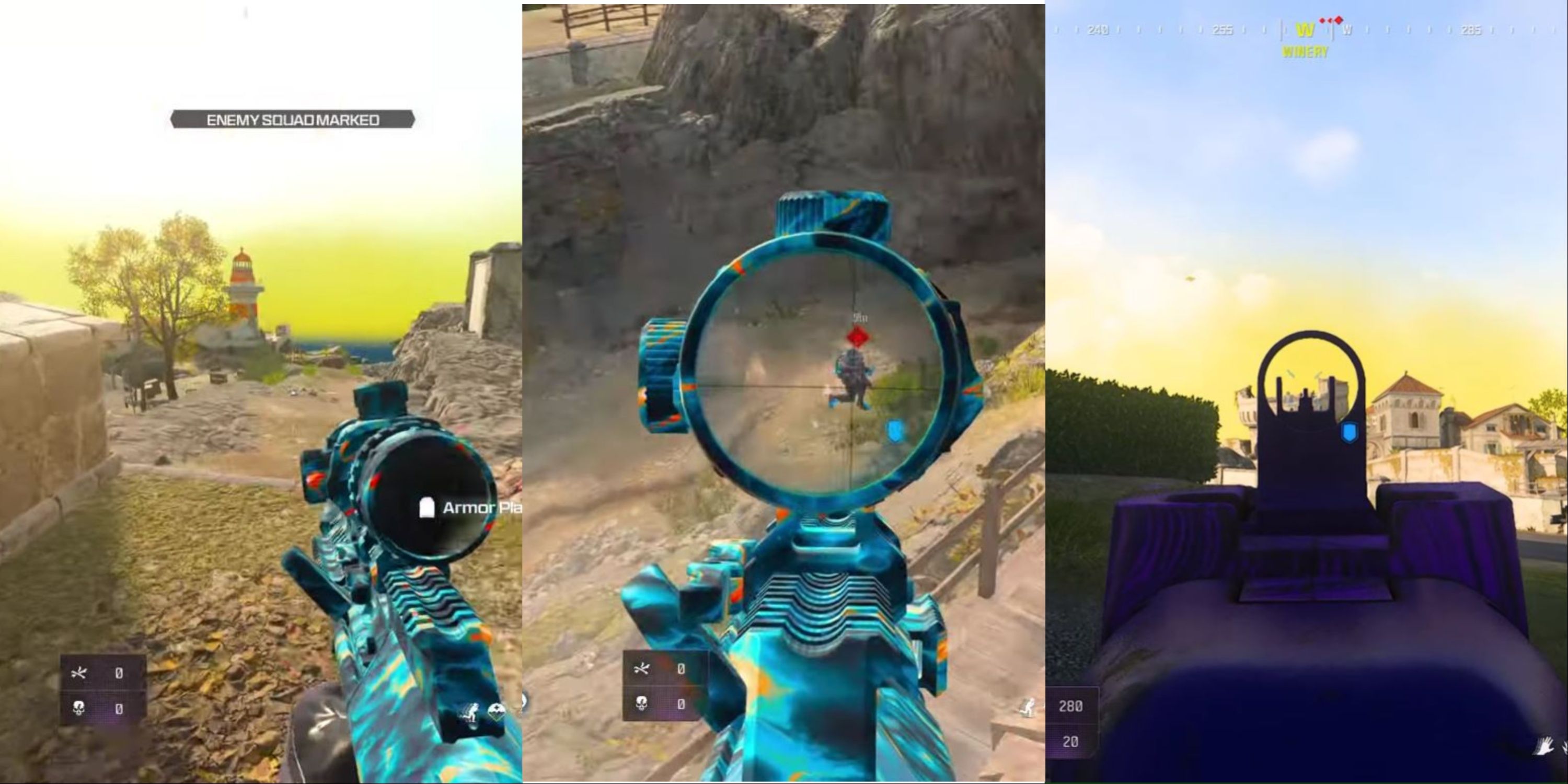 Collage de un rifle azul frente a un faro, un rifle azul disparando a un enemigo a distancia y un rifle morado disparando a una torre desde larga distancia en Call of Duty Warzone