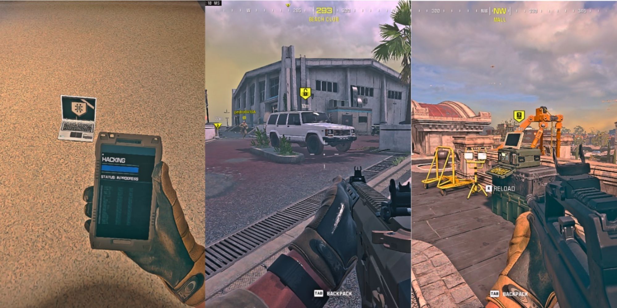 Collage que muestra una PDA con la palabra piratería en la pantalla, una camioneta blanca estacionada cerca de la costa de la isla Ashika y un jugador mirando un sitio de carga en una azotea en Vondel en Call of Duty Warzone.