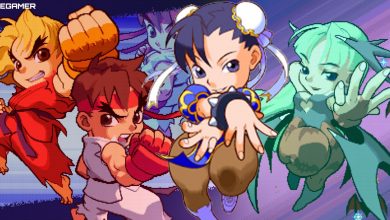 Chibi versions of Ken, Ryu, Chun-li, and Morrigan grace dynamic, colorful backgrounds in a feature image for Pocket Fighter Beginner Tips.