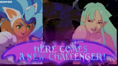 Felicia and Morrigan's character portraits lie behind a glowing
