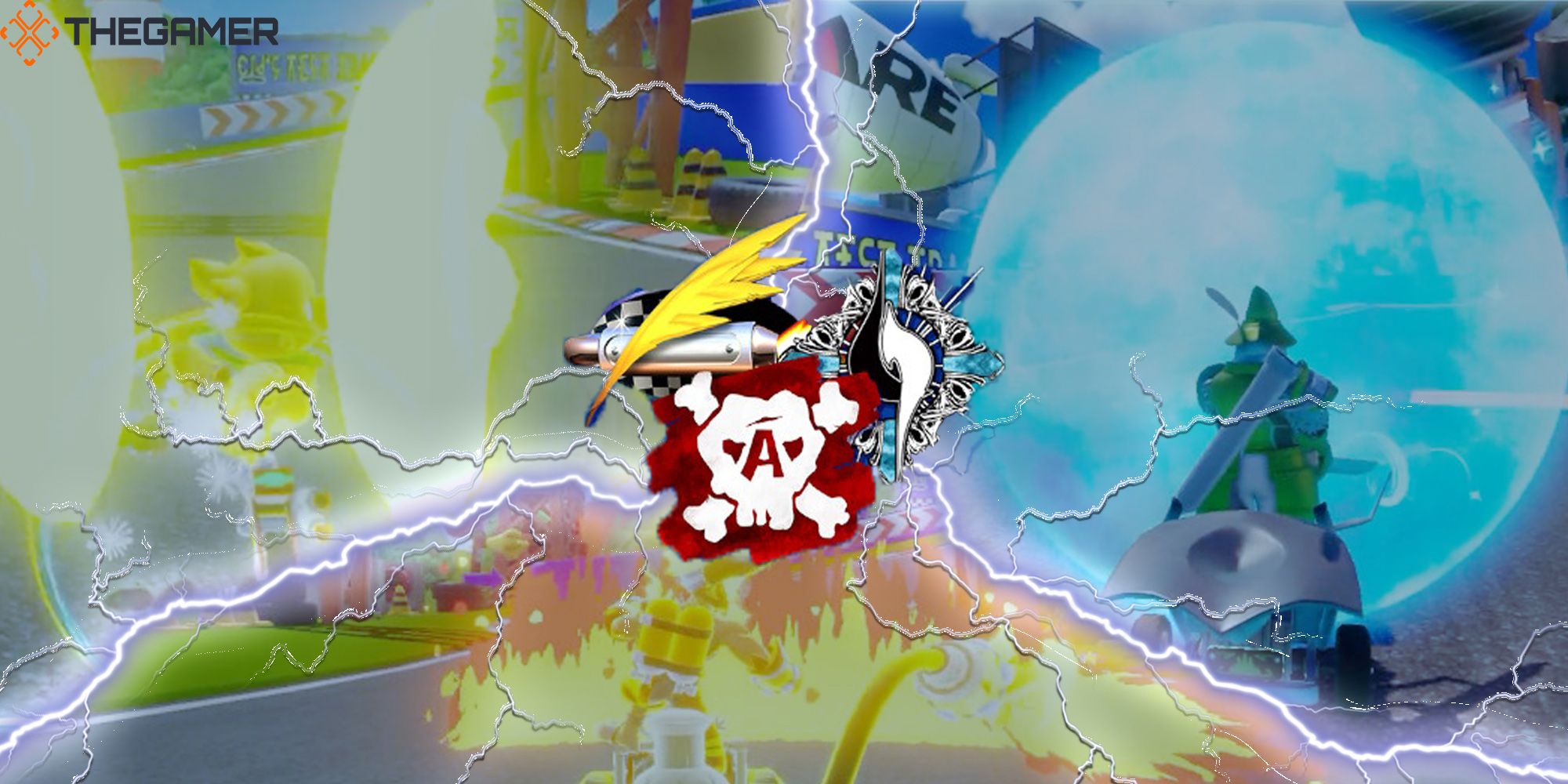 Three images divided by lightning bolts, featuring Chocobo, Ifrit, and Steiner racing on Cid's Test Track. The three team logos sit in the center of the image. Custom Image for TheGamer. Chocobo GP.
