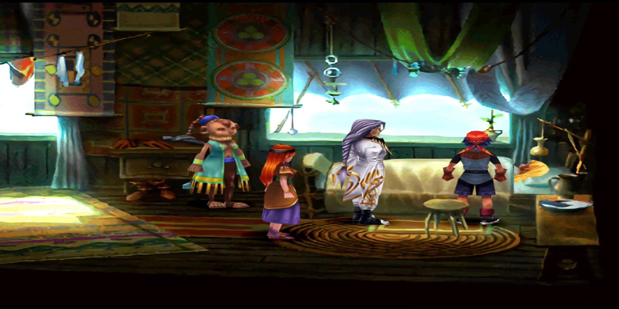 Chrono Cross Serge standing by Kid's bed