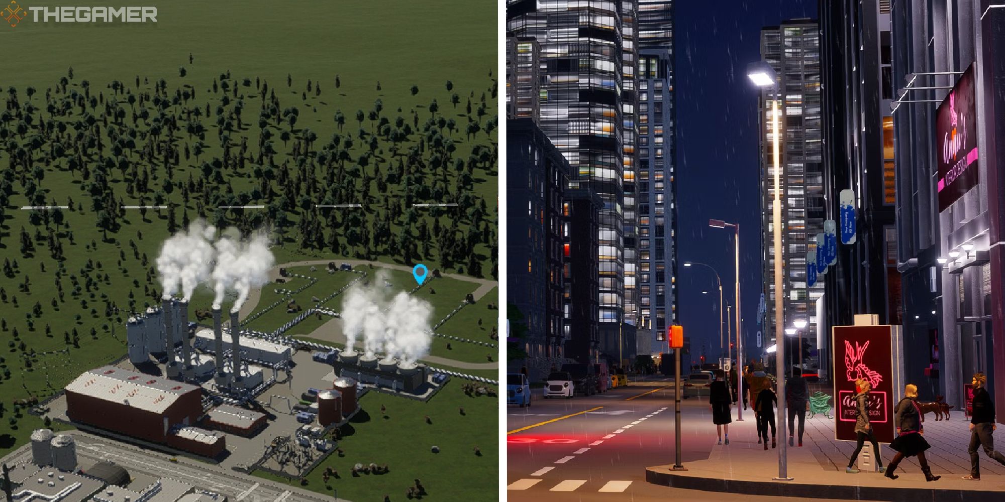 Imagen dividida de City Skyline 2 que muestra una planta de energía geotérmica junto a una imagen promocional de una calle de la ciudad.