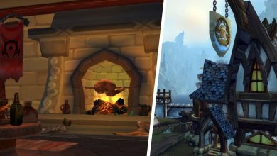 Split image of a horde zone tavern interior and a bar building exterior