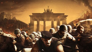 A group of commandos in a destroyed wartime scene with the Brandenburg Gate in the background.