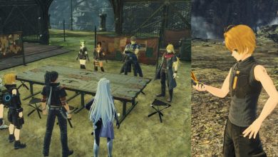 A collage of Matthew, A, Nikol, Glimmer, Shulk, Rex, Panacea, and Linka at the Command Center and Nikol using the X-Reader in Xenoblade Chronicles 3: Future Redeemed.