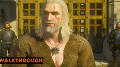 Geralt leaves a prison with a smile on his face, relieved to be free.