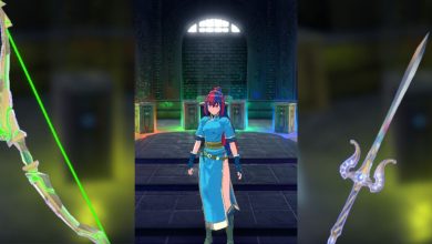 Fire Emblem Engage - Alear stands in the ring chamber with the image on the left showing Lyn's Mulagir and the one on the right is Marth's Falchion