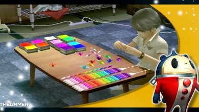 Yu folding origami cranes in his room in a gold Persona 4 Golden frame