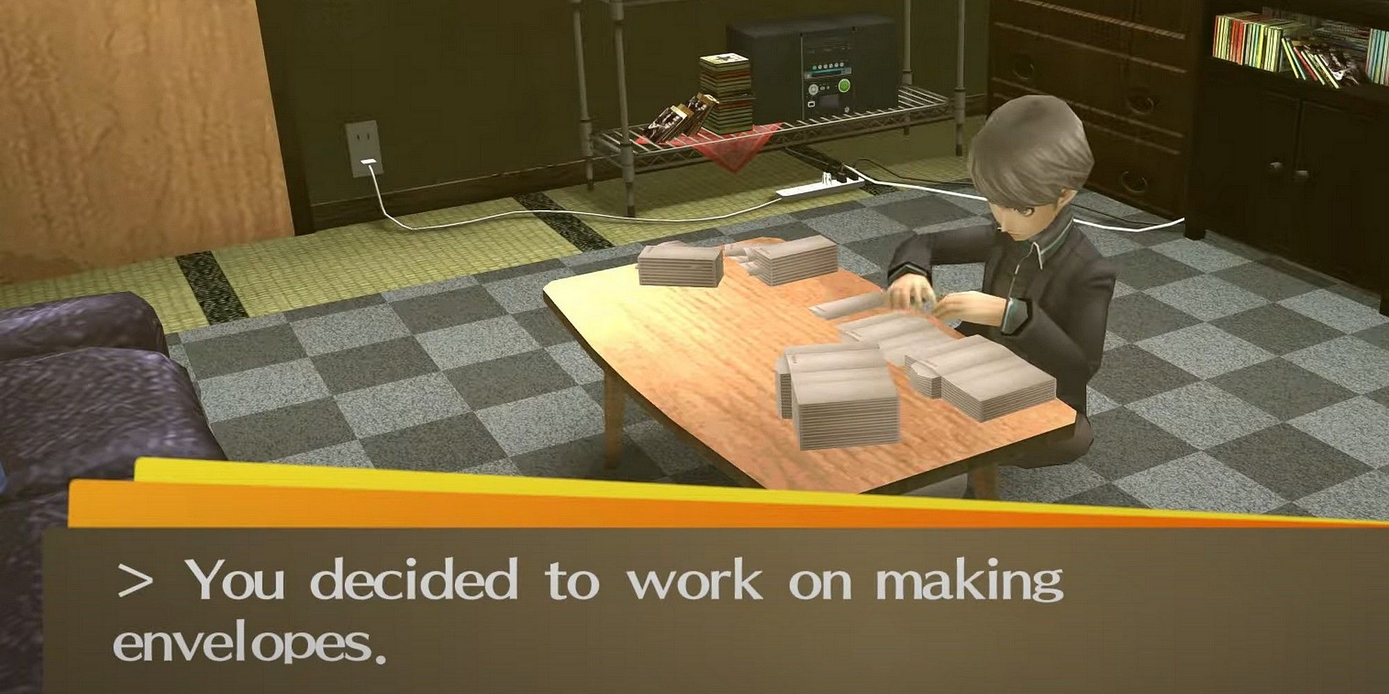 yu doblando sobres en su habitación en persona 4 golden