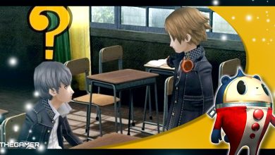 Persona 4 Golden - Yu and Yosuke talking in class with a Teddie overlay in the corner.