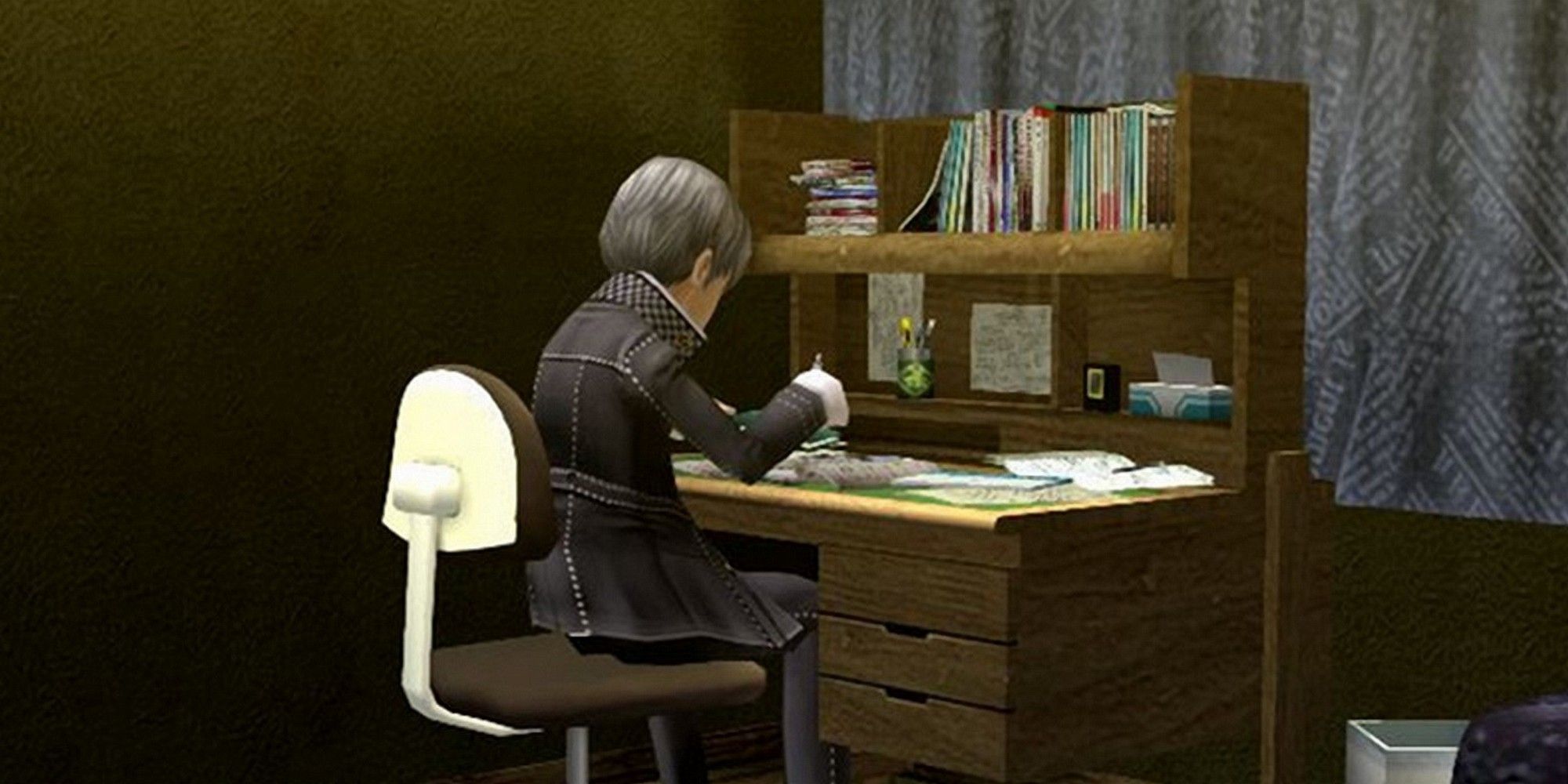 Yu estudiando en su escritorio en su habitación en Persona 4 Golden