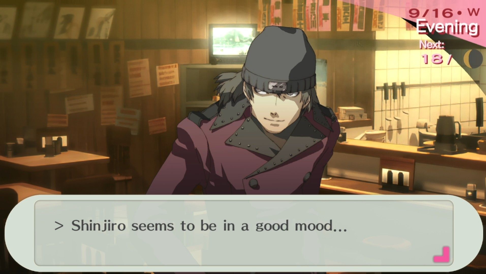 shinjiro de buen humor en la tienda de ramen, hagakure, en persona 3 portátil