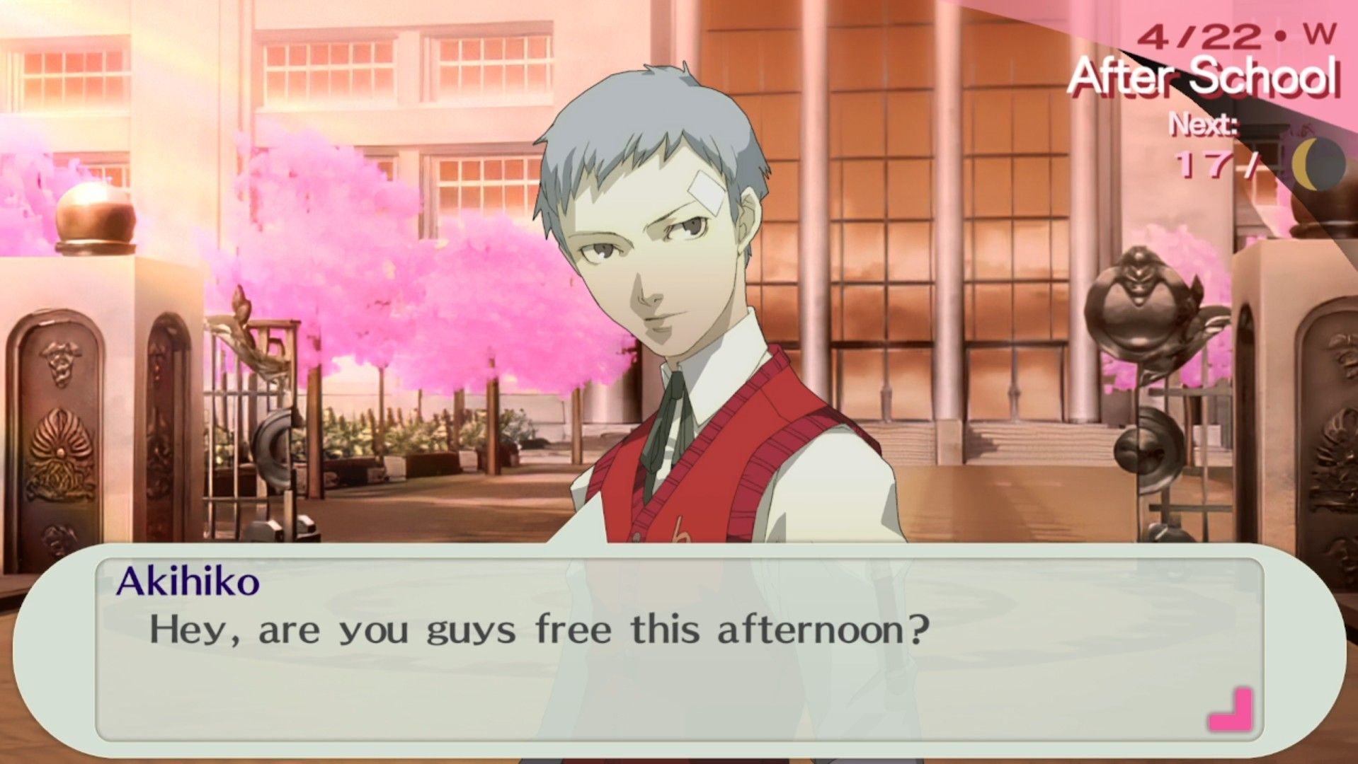akihiko fuera de gekkoukan preguntando si la protagonista femenina y junpei están libres en persona 3 portable