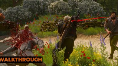 Geralt sends a man's head flying as he decapitates him during a battle with other peasants.