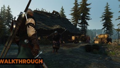 Geralt stands ready as three bandits rush him outside a homestead in Skellige.