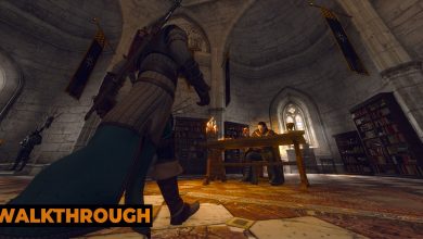 A photo of Geralt approaching Emhyr with a wide FOV stretching the image out.