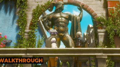 Geralt and an art curator stare up at a vandalized statue of a man.