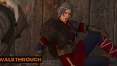 A woman sits on her bed as she talks to Geralt in her house in Skellige.