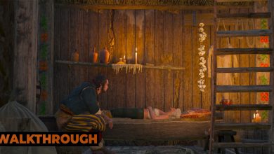 A man watches over a wounded Ciri inside his home. It is lit by candles and has some herbs decorating it.