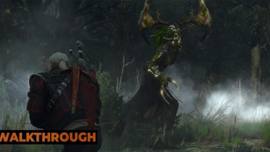 Geralt circles a leshen in a forest in The Witcher 3.