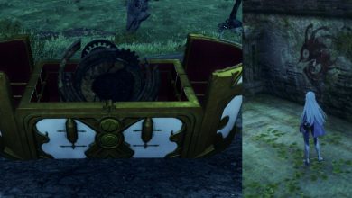 A collage of the treasure found from the If Walls Could Speak quest and A standing in front of graffiti in Xenoblade Chronicles 3: Future Redeemed.