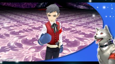 akihiko after finishing a battle, standing against the purple floor of the arqa block of tartarus in persona 3 portable