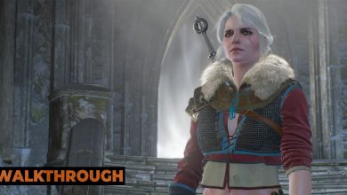 Ciri stands in front of a glowing white portal in a stone towner.
