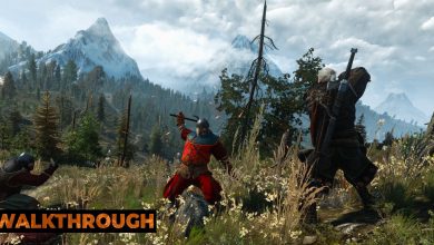 Geralt fights a pair of renegades on the hills of Ard Skellig, with a vista of mountains in the background.
