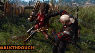 Geralt fights a Bilge hag in a swamp, twirling his sword around him.