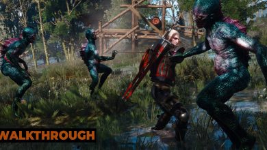 Geralt fights a pack of Drowners in a swamp, with wooden structures behind him.