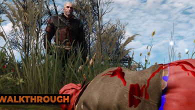 Geralt walks through a swamp, approaching a dead body in the reeds.