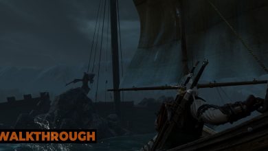 Geralt sails toward a wrecked ship at night in Skellige, with sirens flying in the distance.