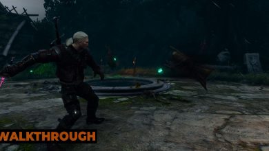 Geralt brandishes his sword as three wraiths close in on him in an abandoned church.