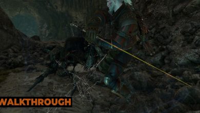 Geralt fights a spider-like creature in a dark cave.