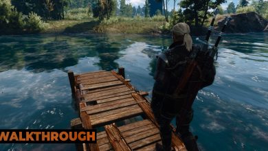 Geralt walks down a rickety pier by a body of water during the day in the countryside.