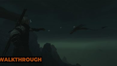 Geralt aims his crossbow at a swimming siren as he searches for an underwater treasure chest.