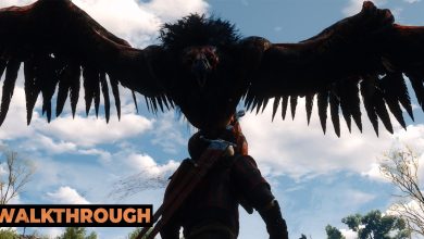 A griffin towers over Geralt on a sunny day in the fields of Velen.