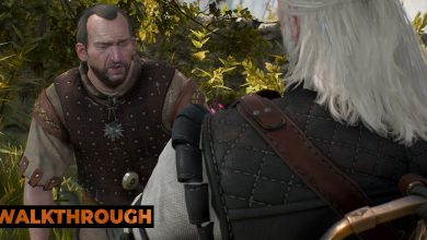 Geralt talks to a balding man in a graveyard as he confronts him for pretending to be a witcher.