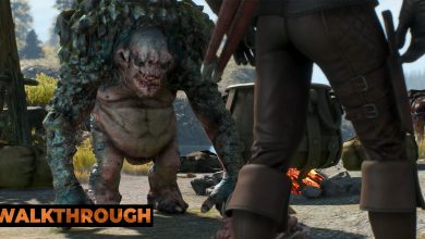 Geralt approaches a troll he had just rescued from nekkers.