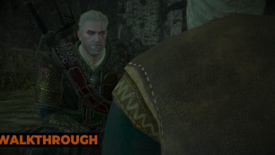Geralt crouches next to a cowering bard as they speak inside a dark cave in Skellige.