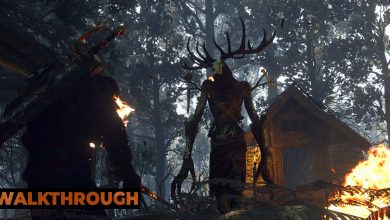 A leshen stalks towards Geralt menacingly in the woods of Skellige.